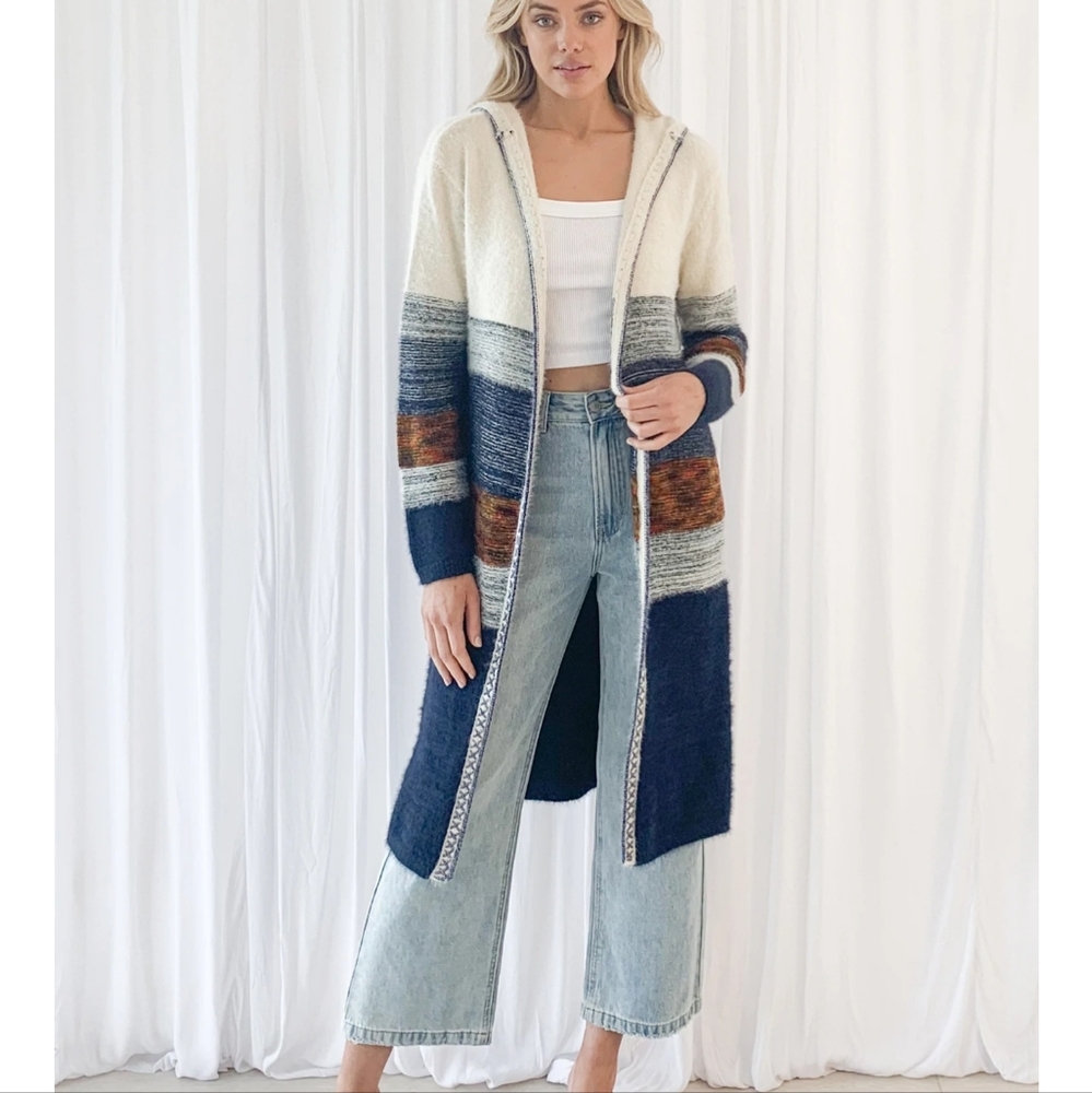 NWOT  longline Cardigan stripe knit  white brown size 6/8 . w" hoodie wool blend - Picture 6 of 9